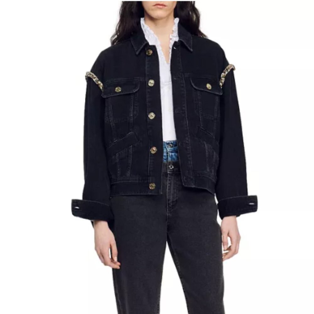 Sandro Paloma Embellished Faded Denim Jacket - Size 38 (6 US) - Picture 2 of 5